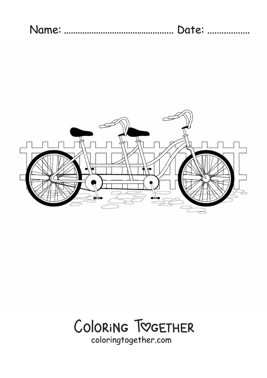 Coloring page of a tandem bicycle with a fence in the background