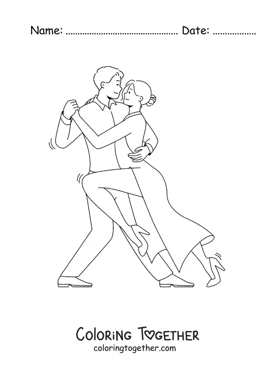 Coloring page of an animated couple dancing traditional Argentine tango