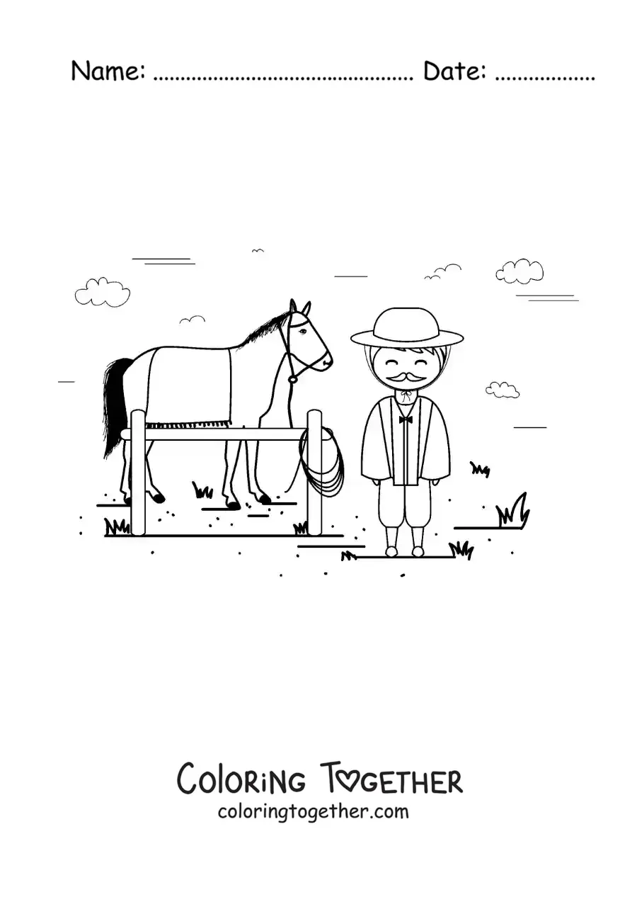 Coloring page of an animated Argentine gaucho