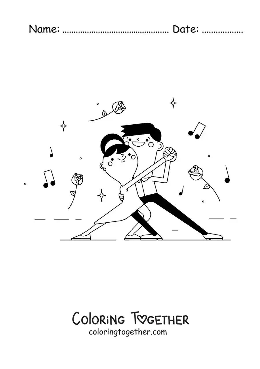 Coloring page of a kawaii couple dancing Argentine tango