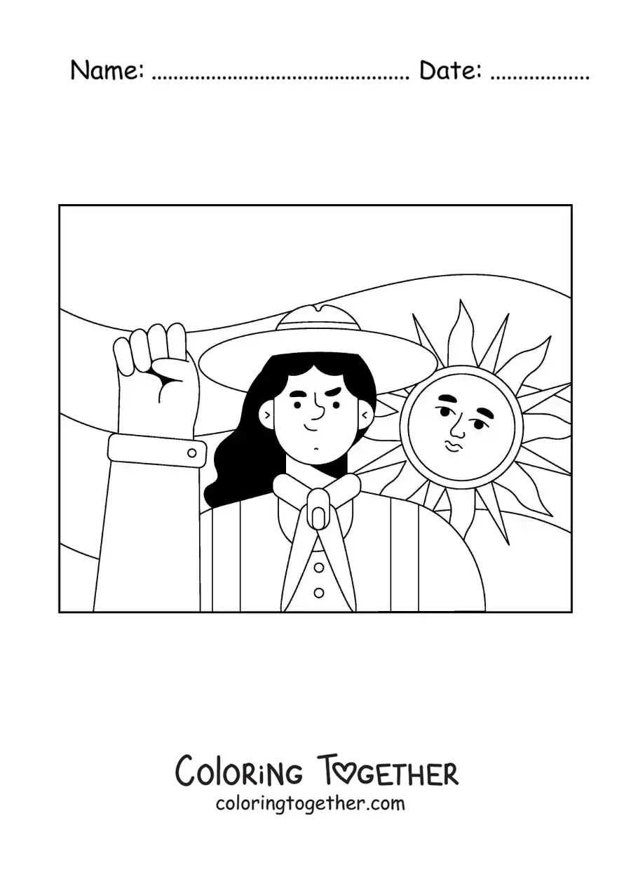 Coloring page of an animated Argentine woman with the flag