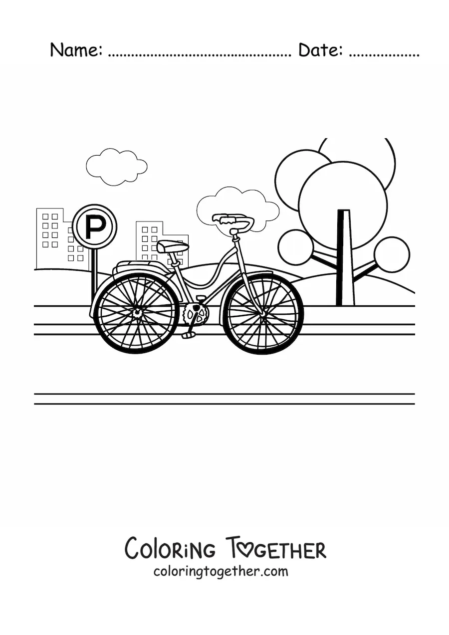 Coloring page of a bicycle in the park with buildings in the background
