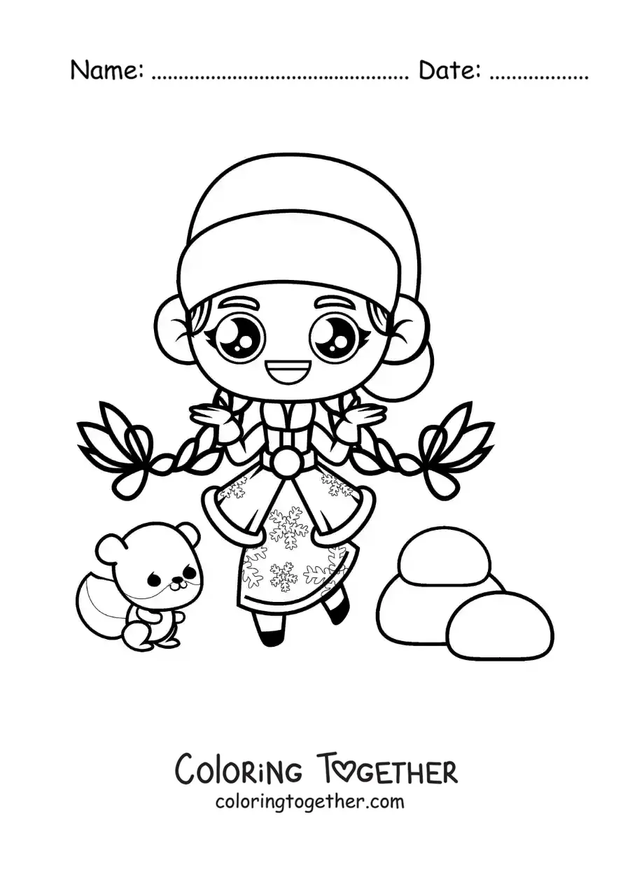 Coloring page of a kawaii animated Russian girl