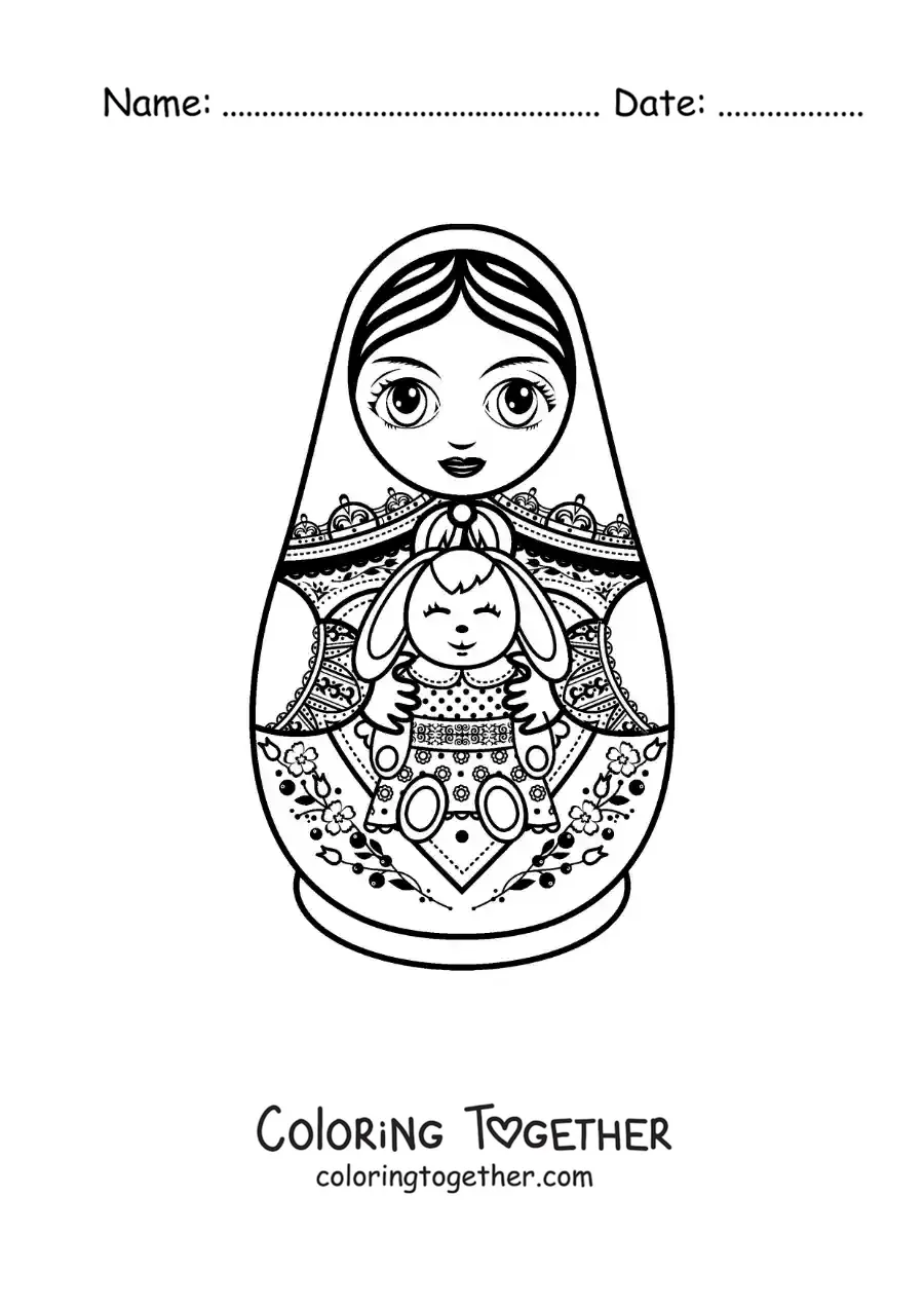 Coloring page of an animated Russian matryoshka