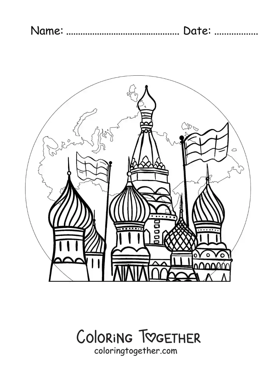 Coloring page of Saint Basil's Cathedral with the map of Russia