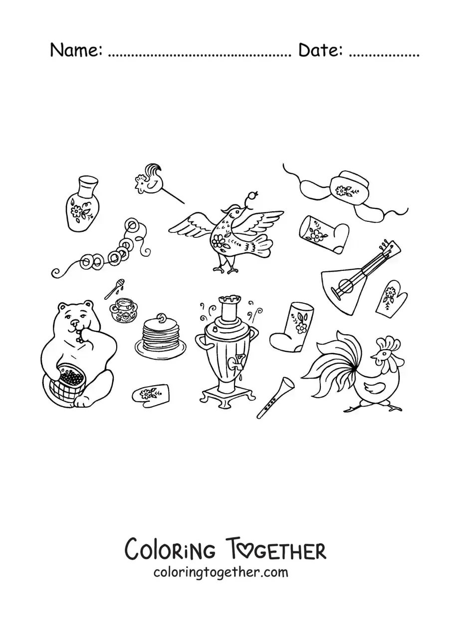 Coloring page of animated elements of Russian culture