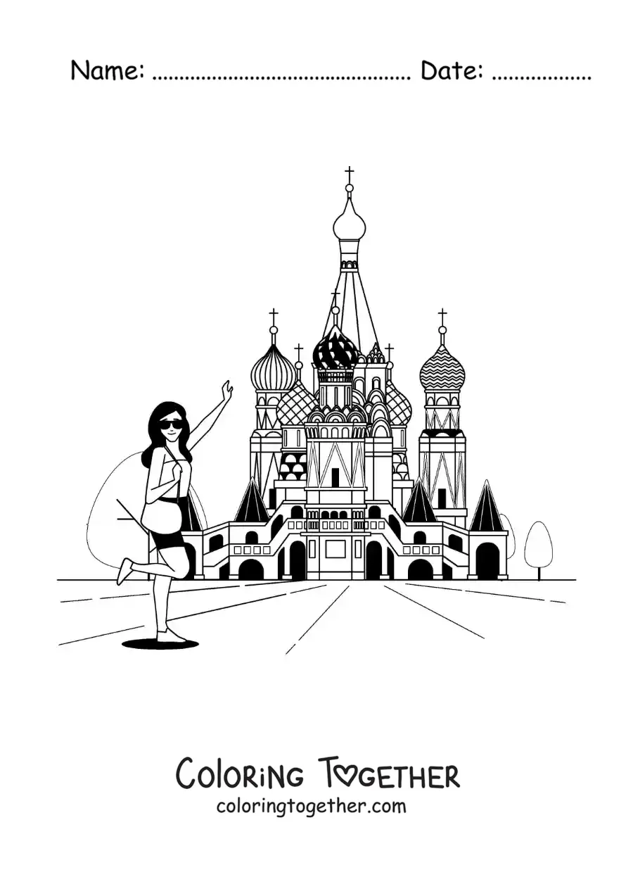 Coloring page of a tourist girl at Saint Basil's Cathedral