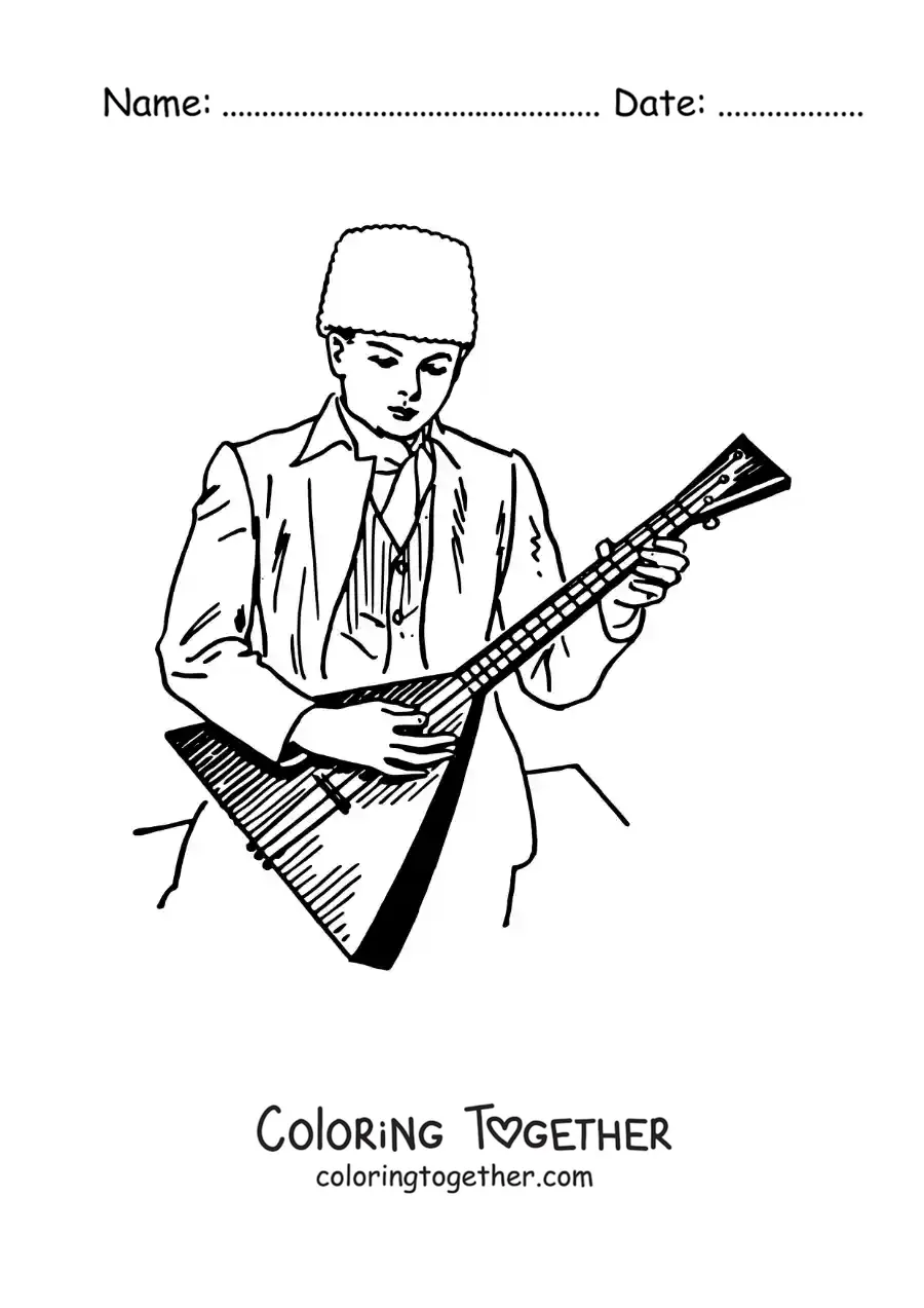 Coloring page of an animated Russian man playing the balalaika