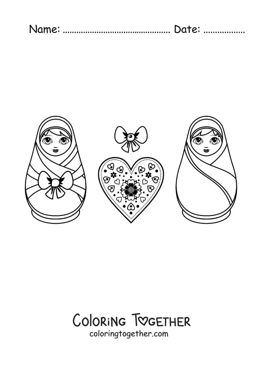 Coloring page of animated Russian dolls with a heart