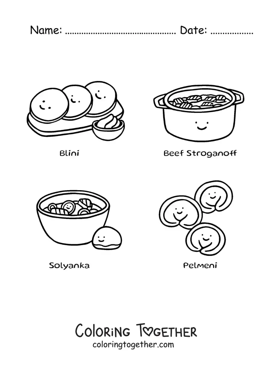 Coloring page of typical dishes of Russia
