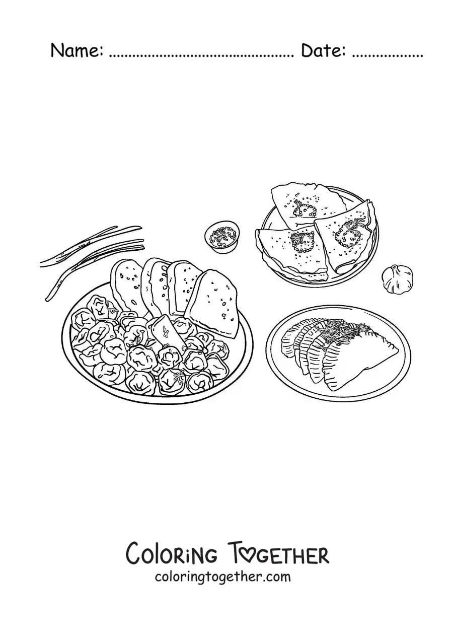 Coloring page of traditional dishes of Russia