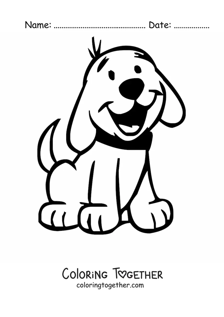 Coloring page of a happy cartoon dog sitting down
