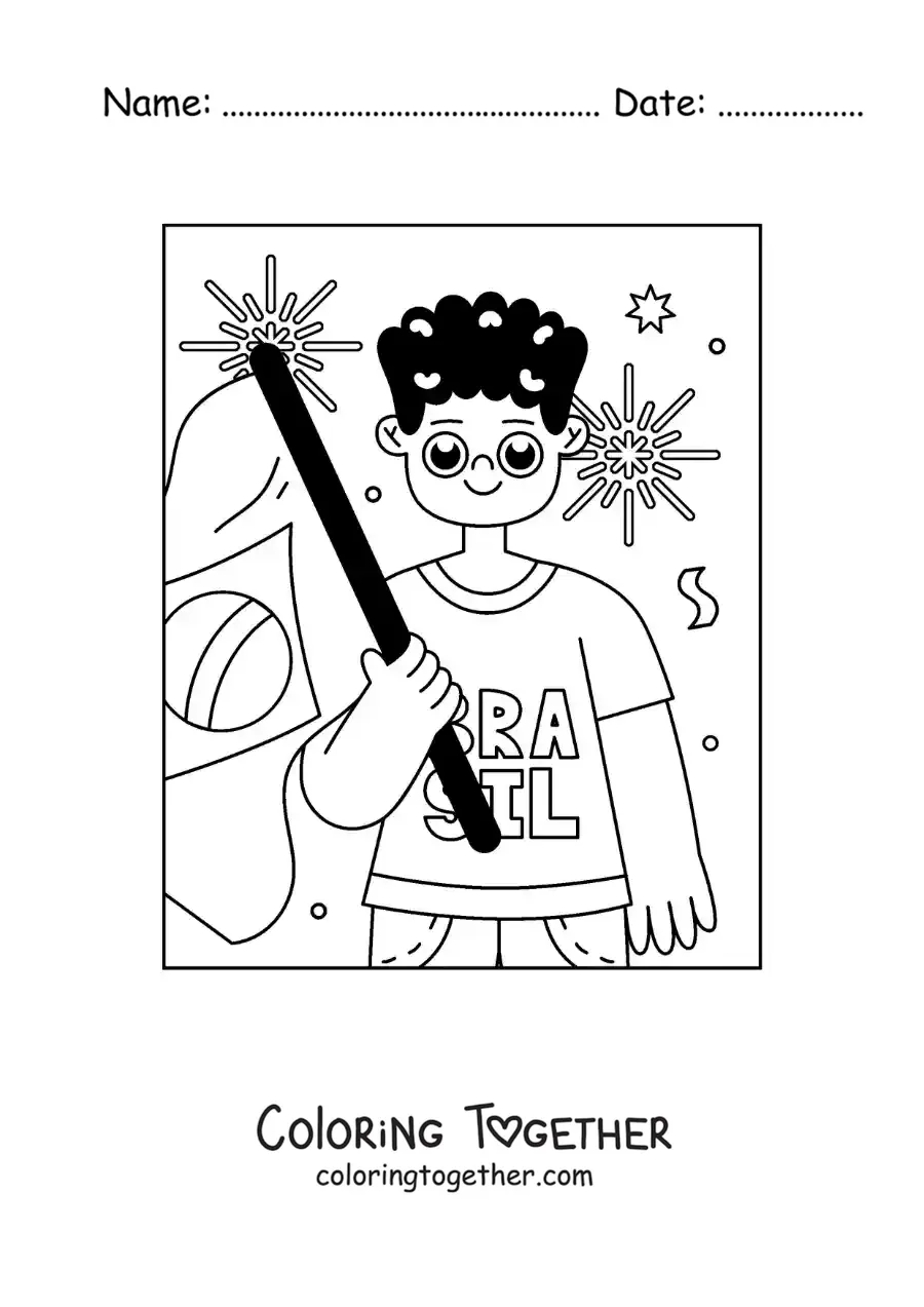 Coloring page of a boy with the flag of Brazil