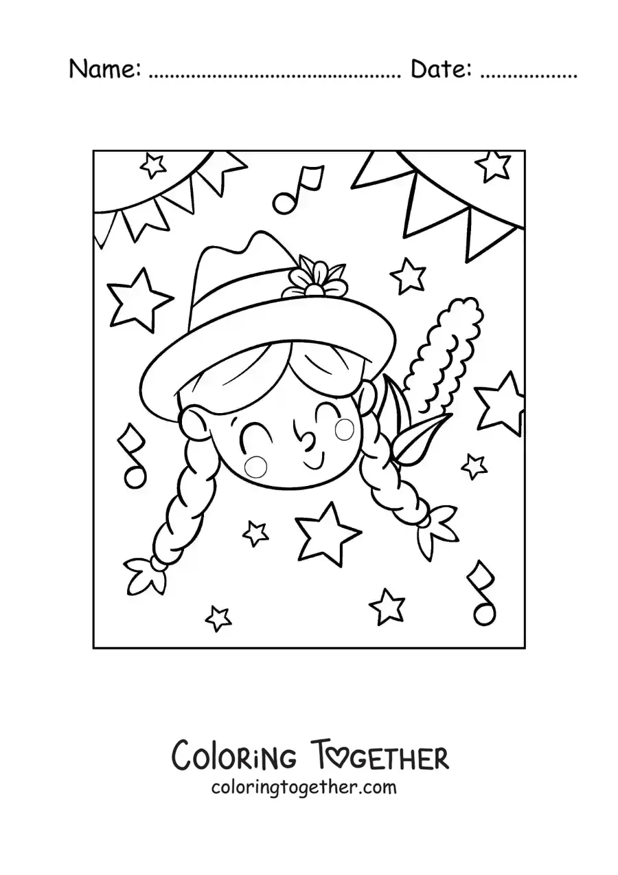 Coloring page of a Brazilian girl celebrating the June Festivals