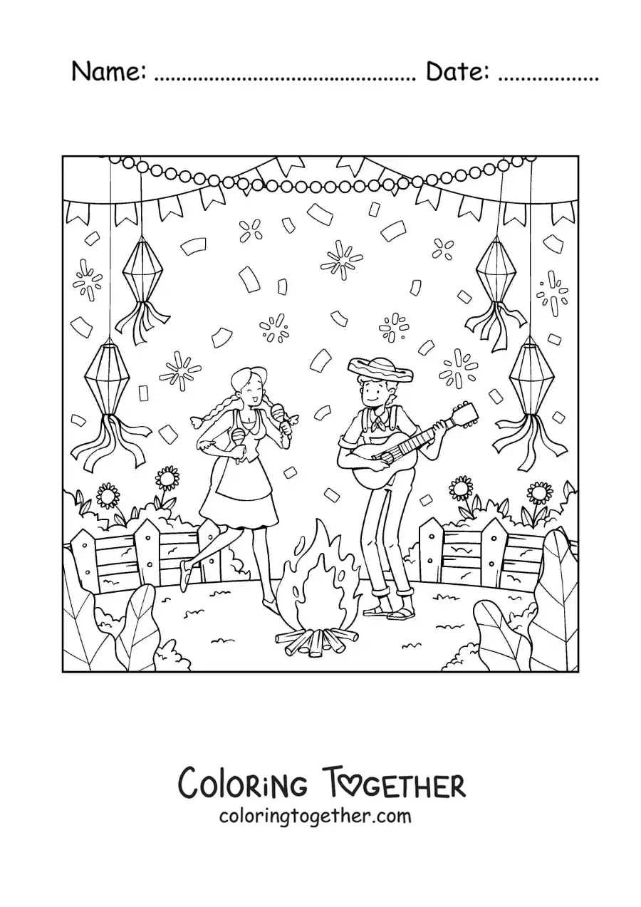 Coloring page of a couple celebrating the traditional June Festivals of Brazil