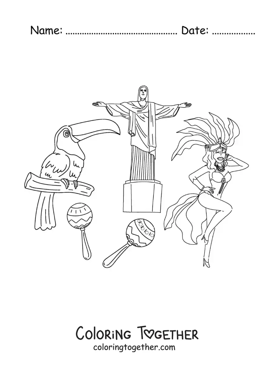 Coloring page of Christ the Redeemer and elements of Brazilian culture