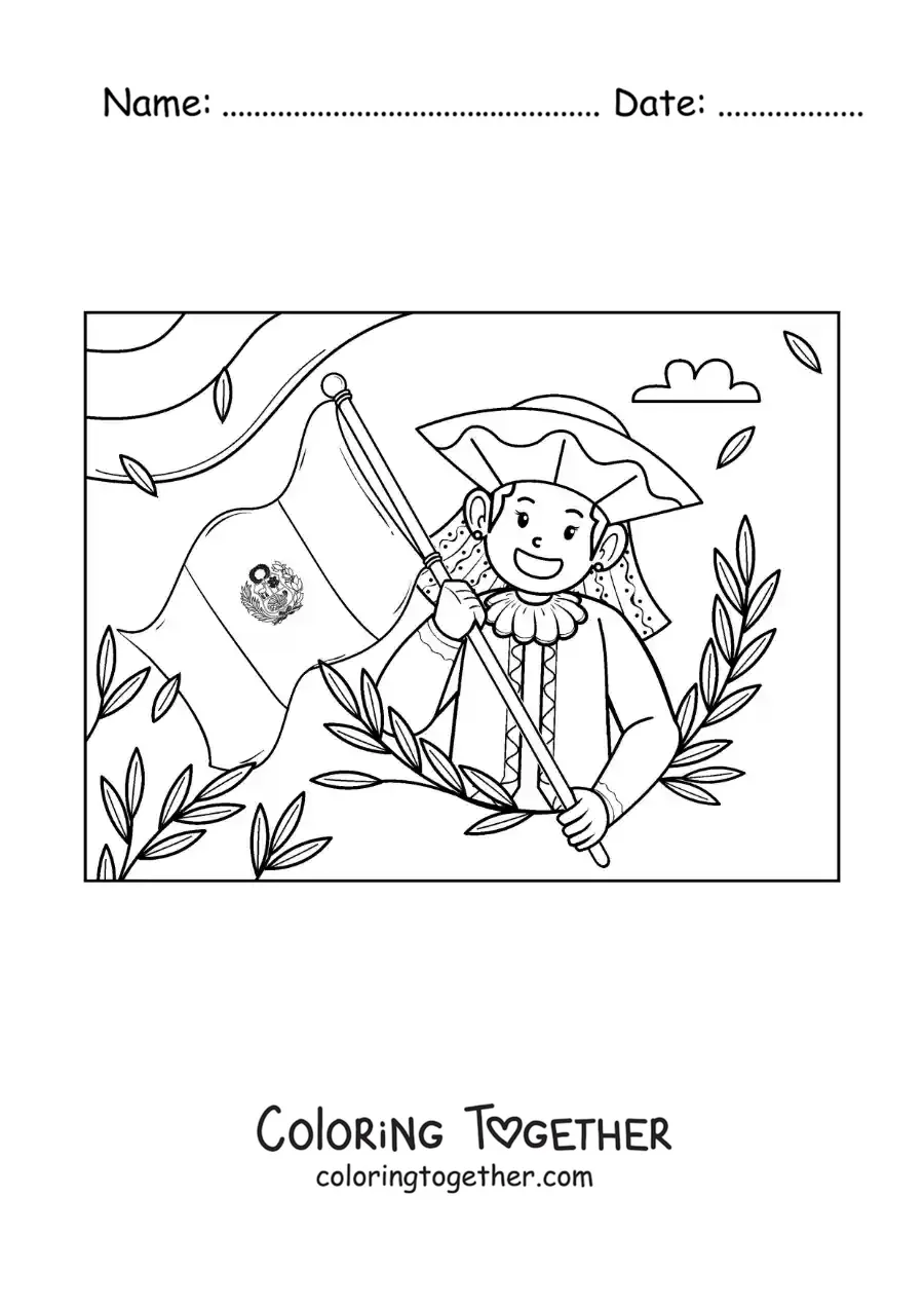 Coloring page of an animated girl with the flag of Peru