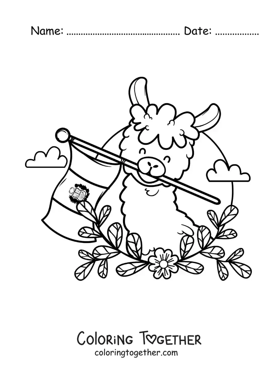 Coloring page of an animated alpaca with the flag of Peru