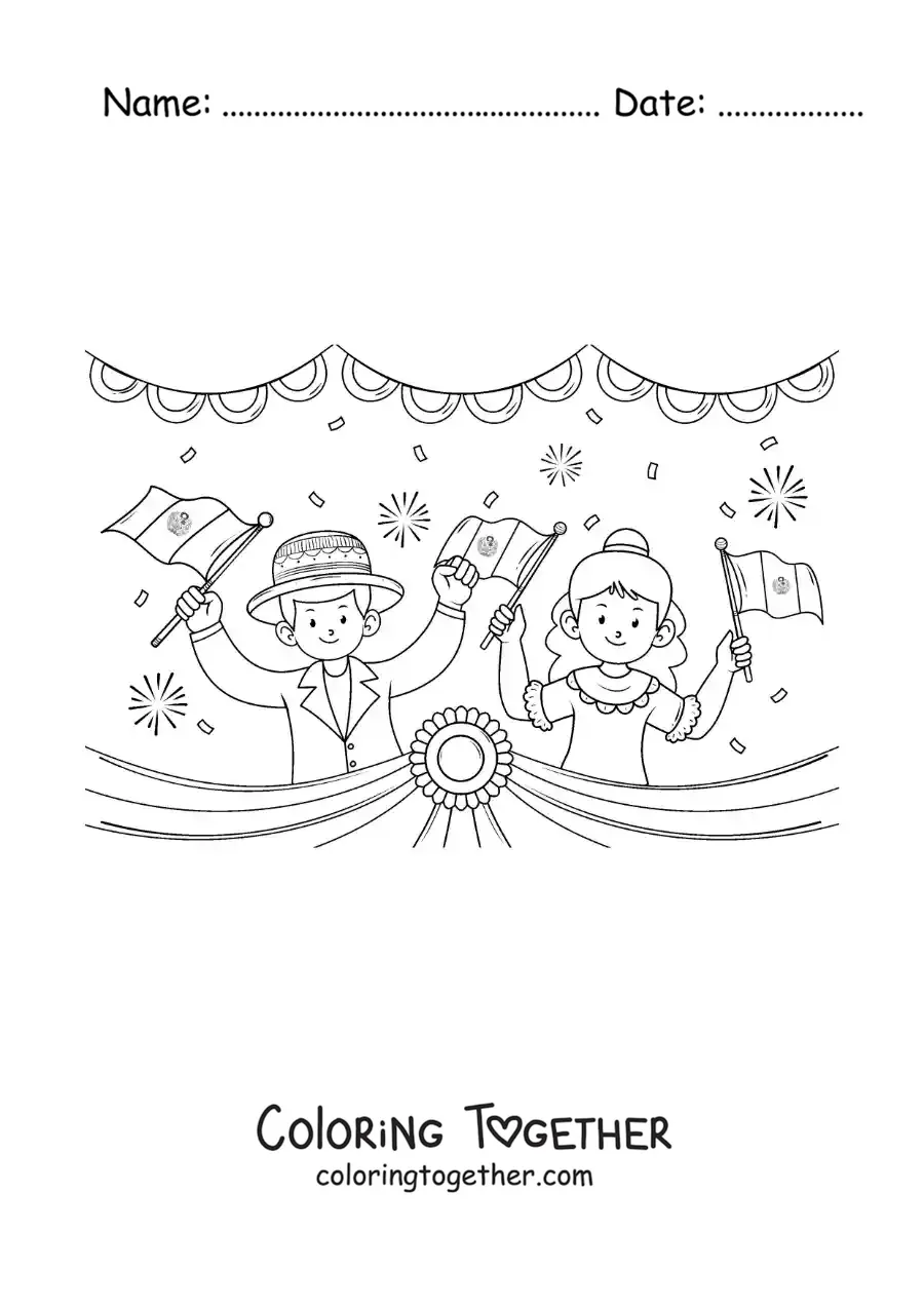 Coloring page of animated children with the flag of Peru