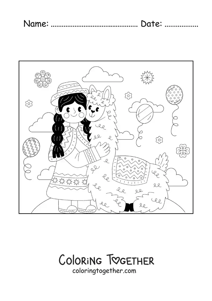 Coloring page of a Peruvian girl in traditional costume with an alpaca