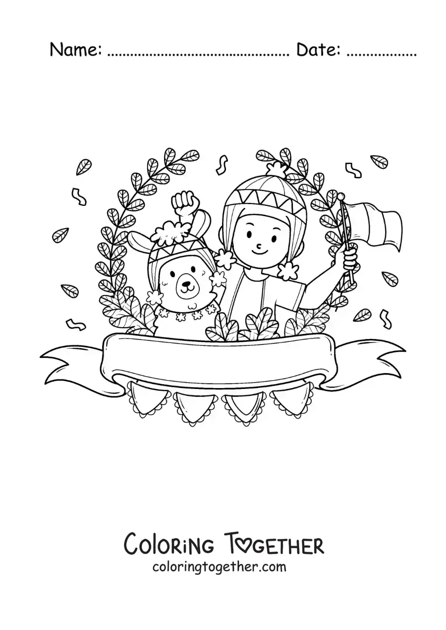 Coloring page of a Peruvian boy in traditional dress with an animated alpaca