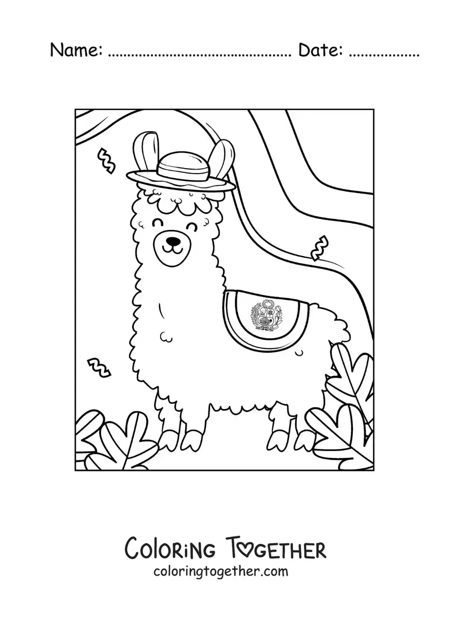 Coloring page of an animated Peruvian alpaca