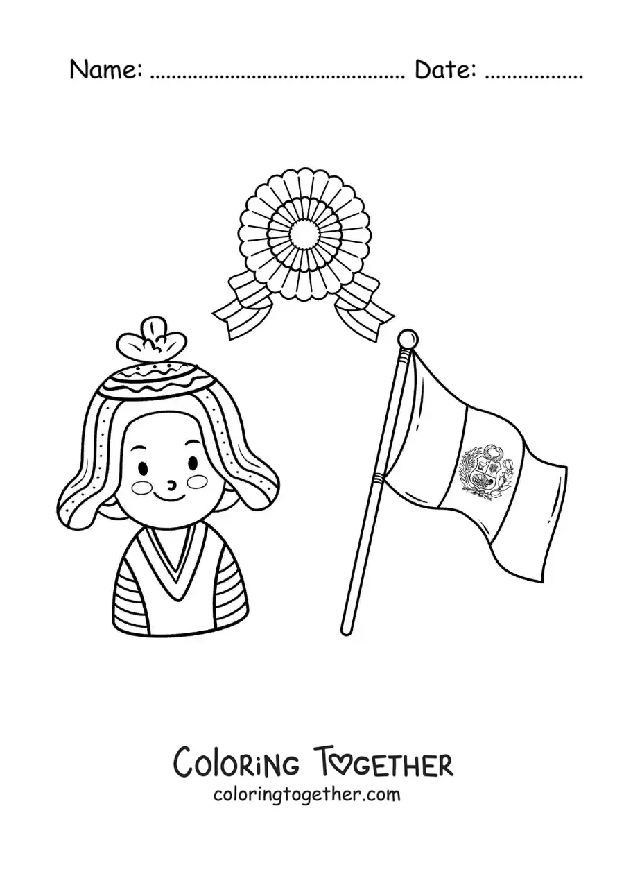 Coloring page of a boy with the flag of Peru