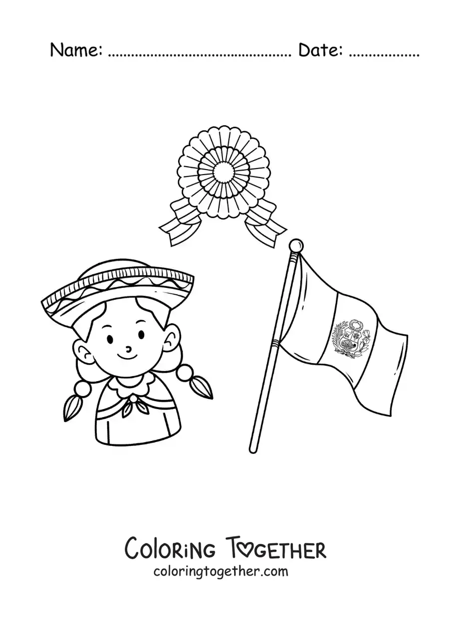 Coloring page of a girl with the flag of Peru