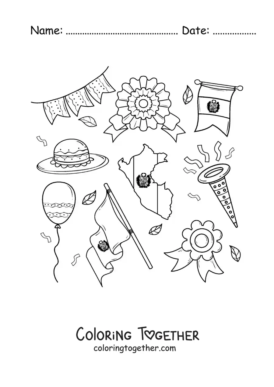 Coloring page of the flag and map of Peru