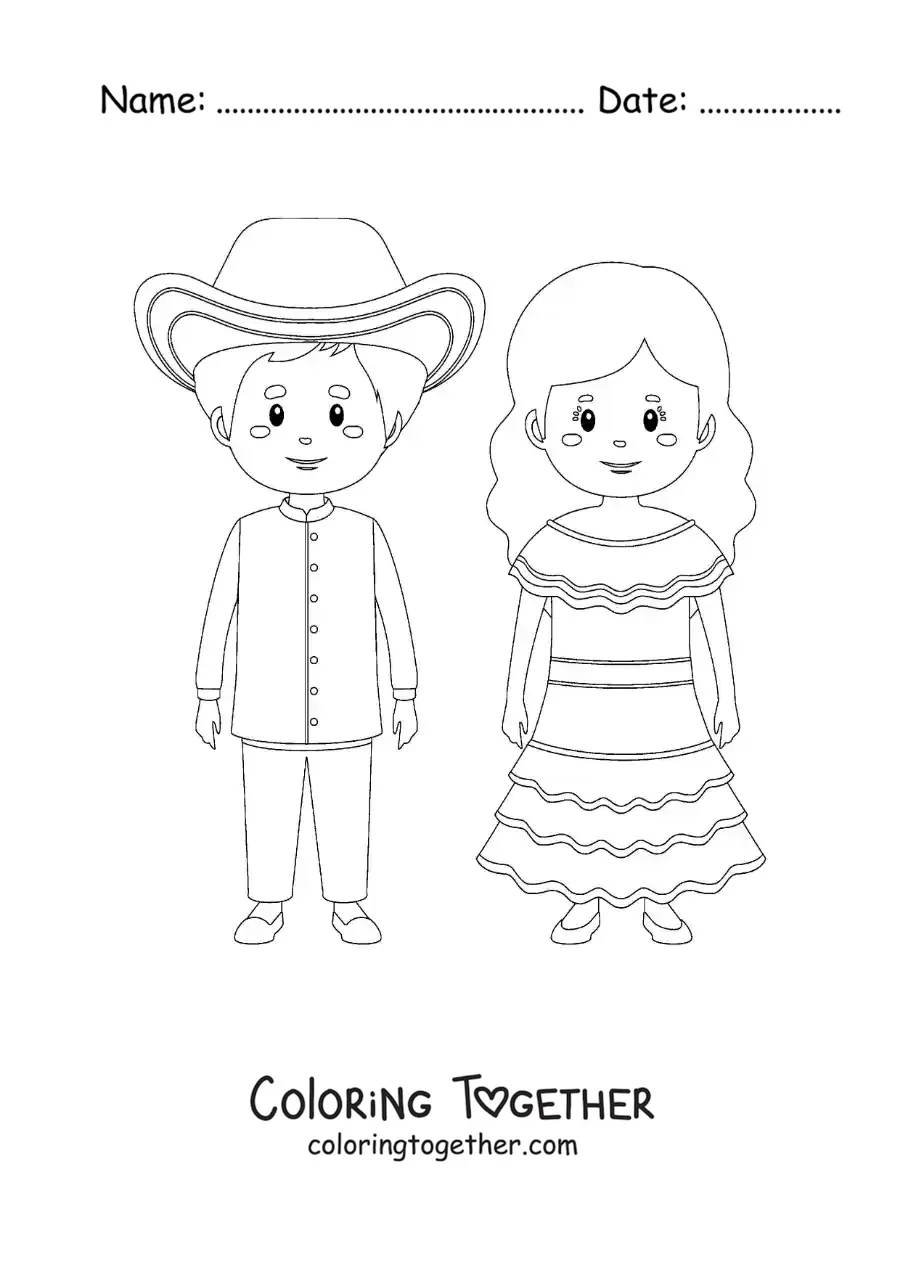 Coloring page of a couple in traditional Venezuelan costume