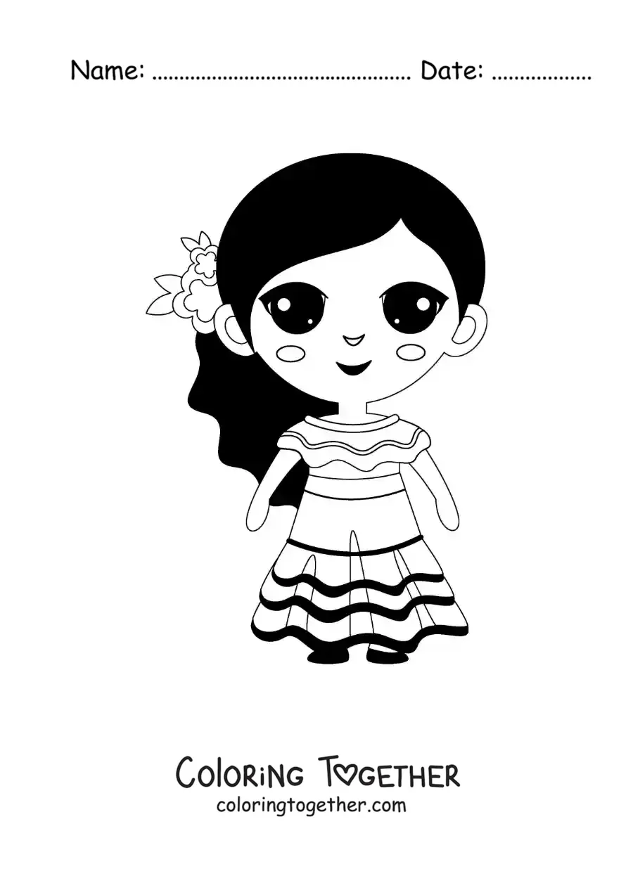 Coloring page of a girl in traditional dress of Venezuela