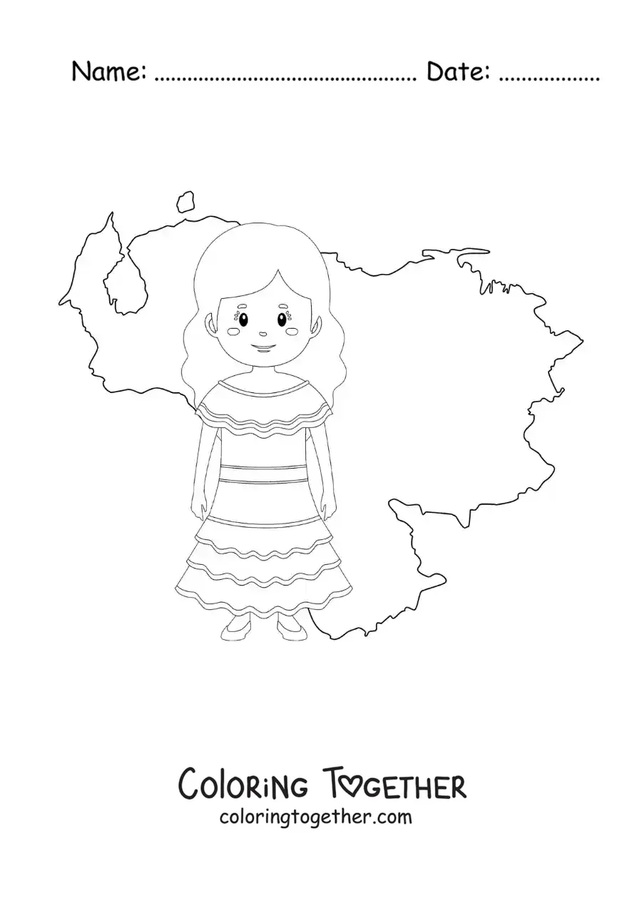 Coloring page of a girl in traditional dress with the map of Venezuela