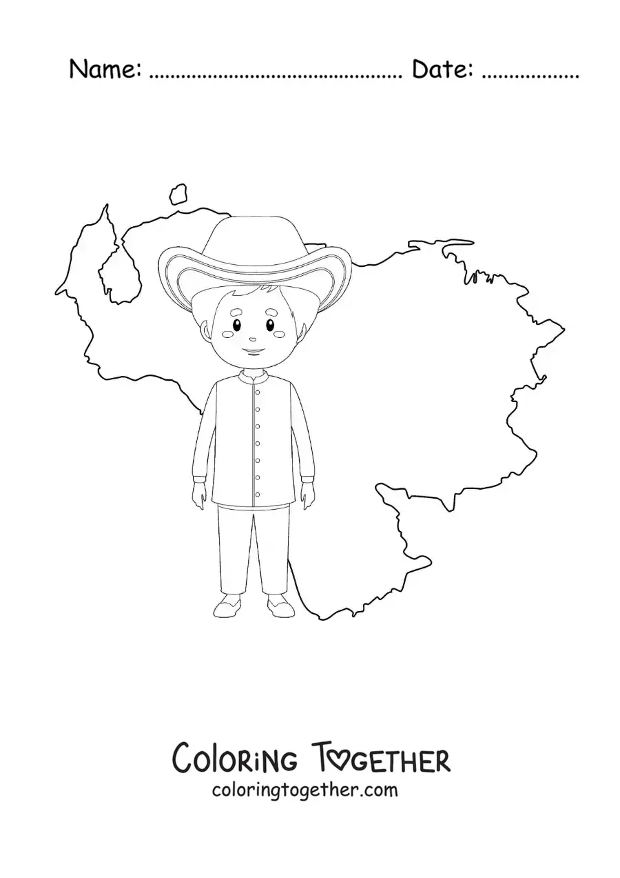 Coloring page of a boy in traditional dress with the map of Venezuela