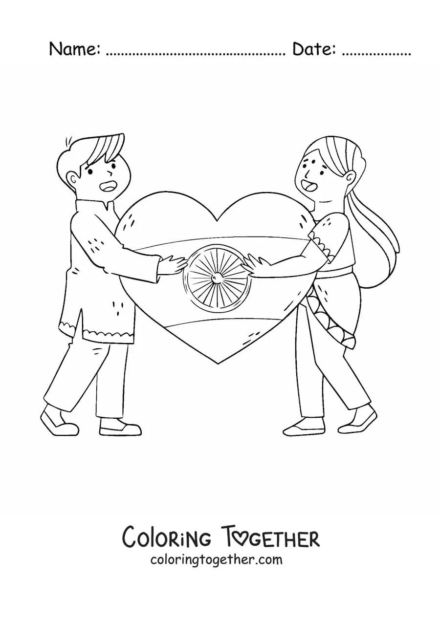 Coloring page of children of India with a flag in the shape of a heart