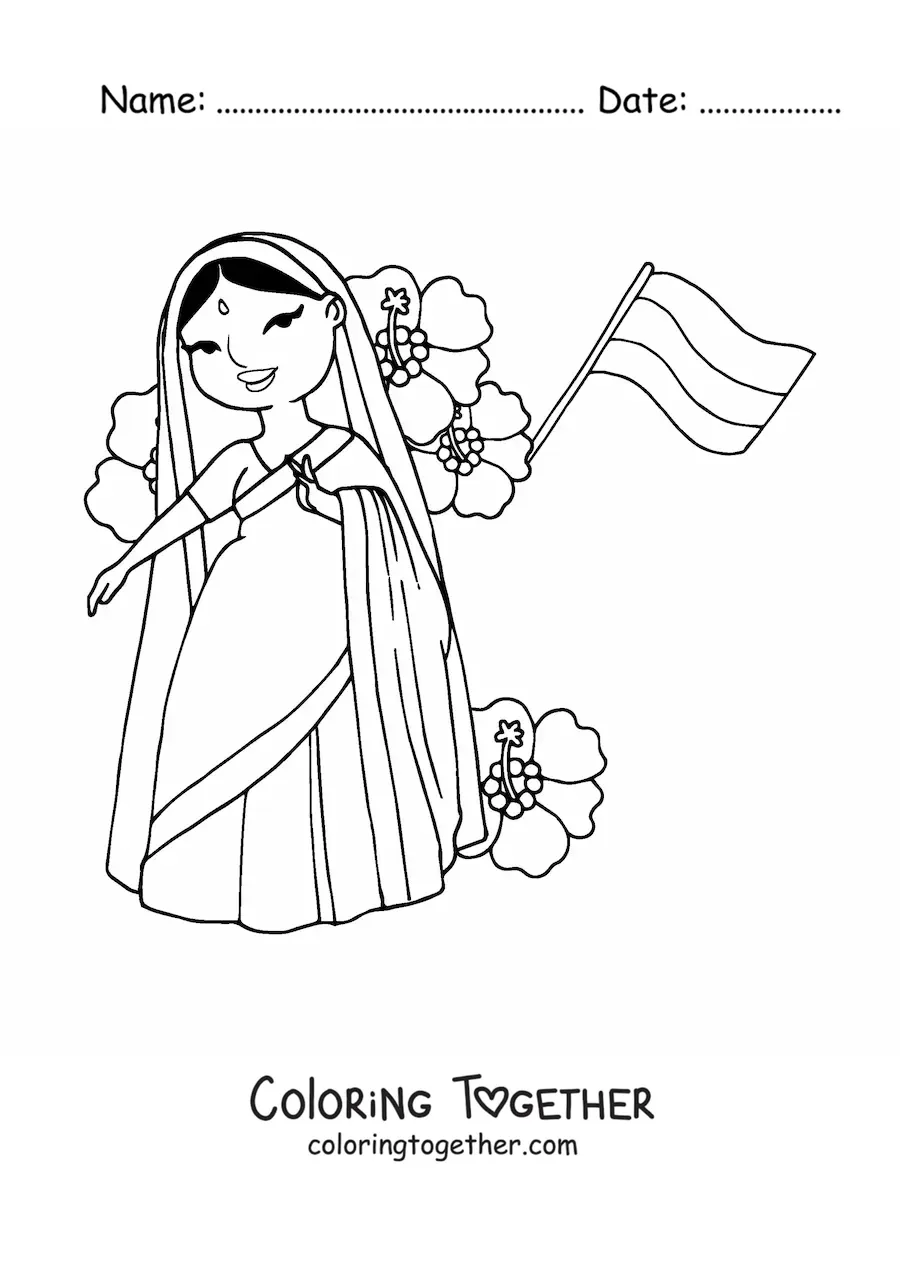 Coloring page of a woman of India with the flag