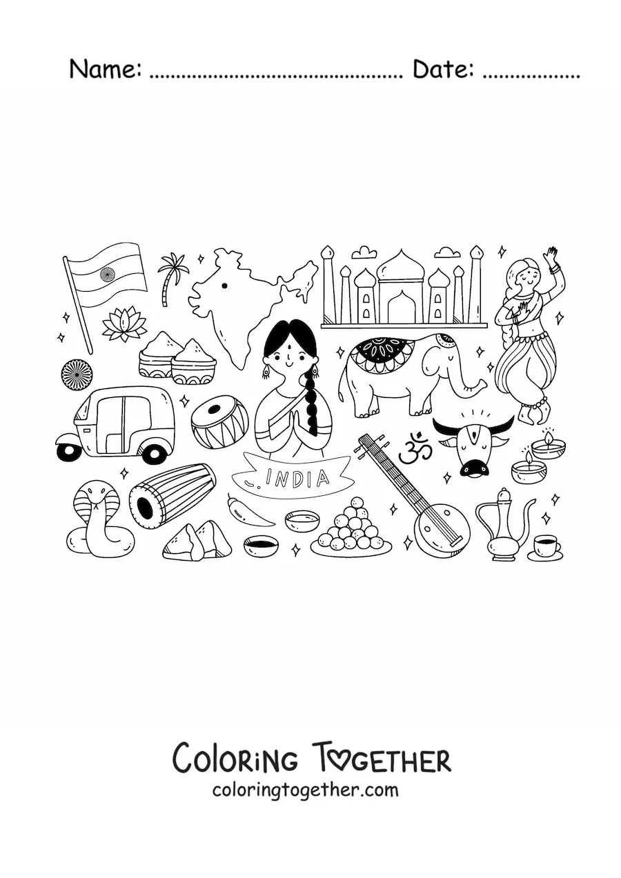 Coloring page of an elephant and elements of Indian culture