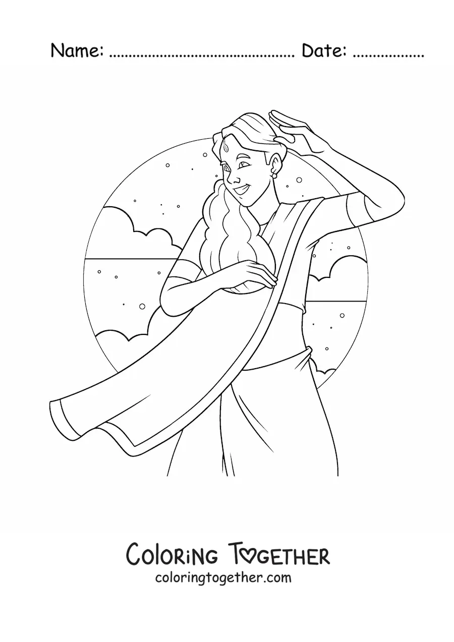Coloring page of an Indian girl in traditional costume
