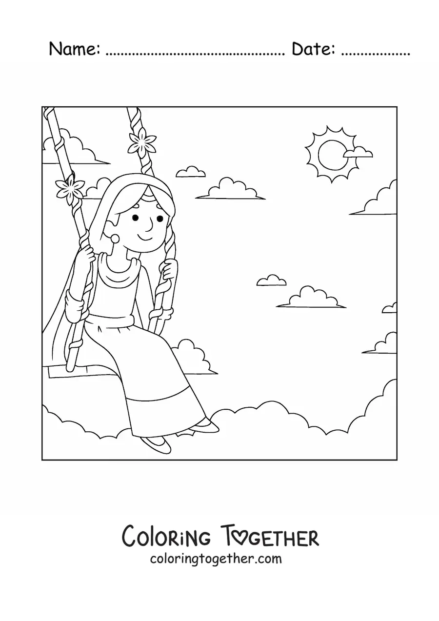 Coloring page of an Indian girl in traditional costume