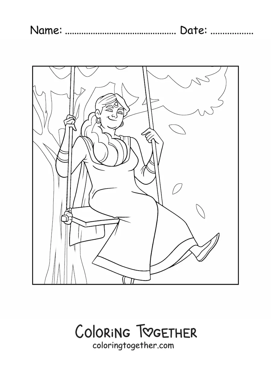 Coloring page of an Indian girl celebrating the traditional Teej festival