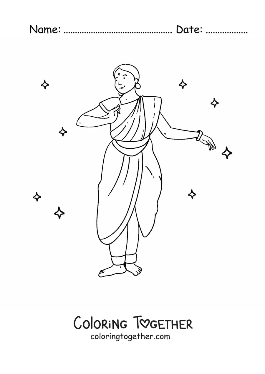 Coloring page of an Indian girl dancing in a traditional costume