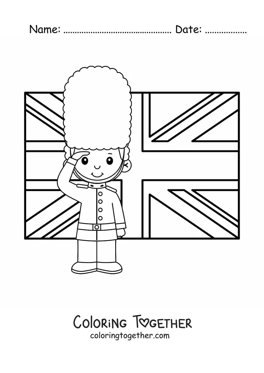 Coloring page of a cartoon royal guard with the flag of the United Kingdom