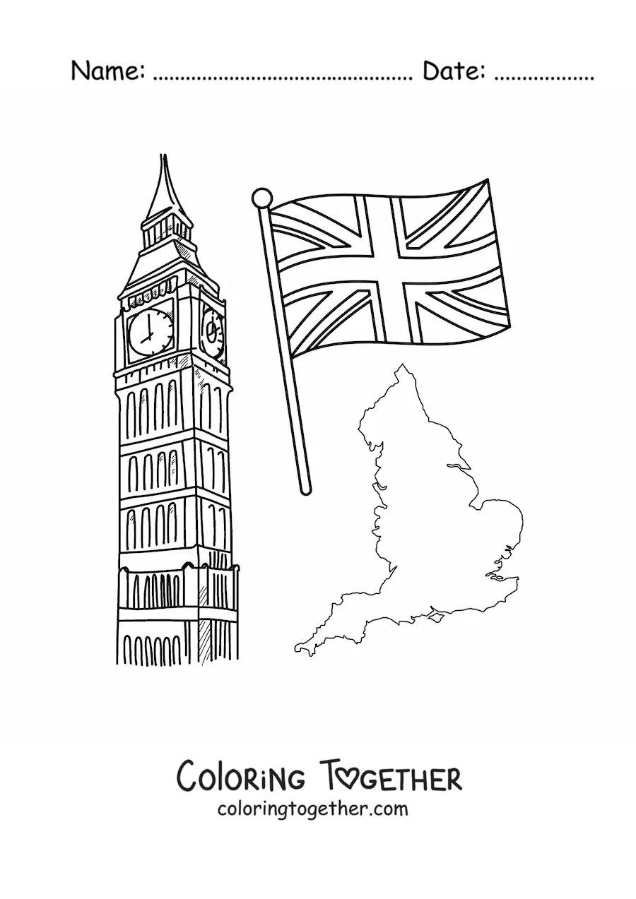 Coloring page of Big Ben with the flag of the United Kingdom and the map of England