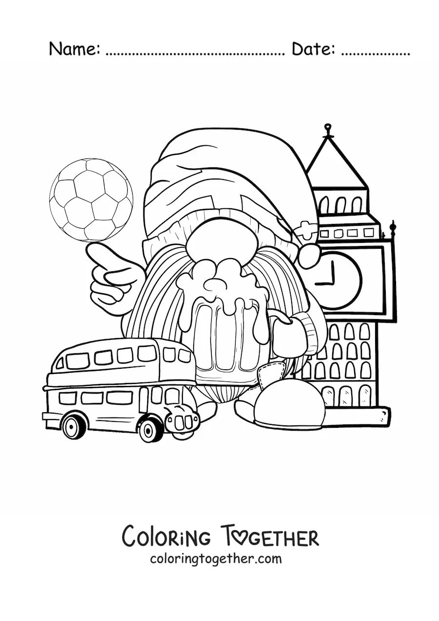 Coloring page of a cartoon gnome tourist in London