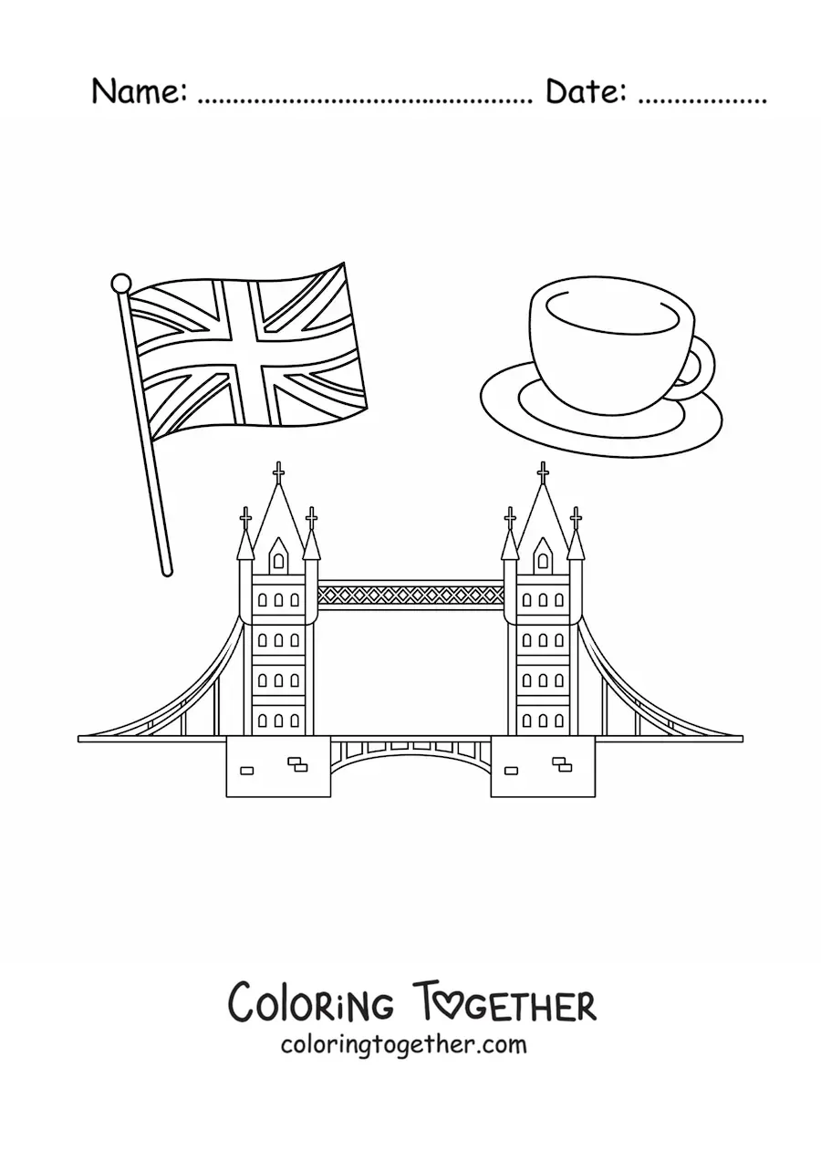 Coloring page of the flag of the United Kingdom with London Bridge