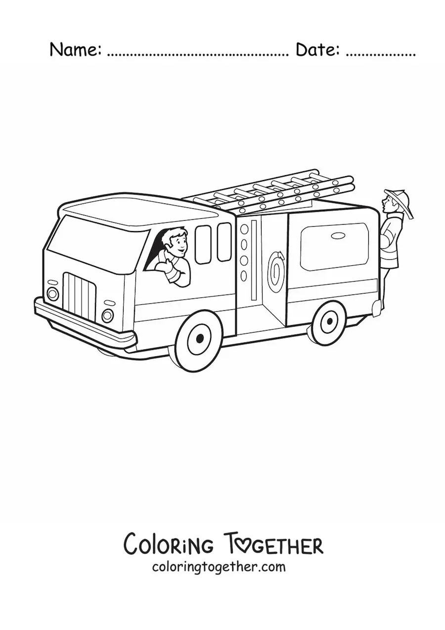 Coloring page of two cartoon firefighters on a fire truck