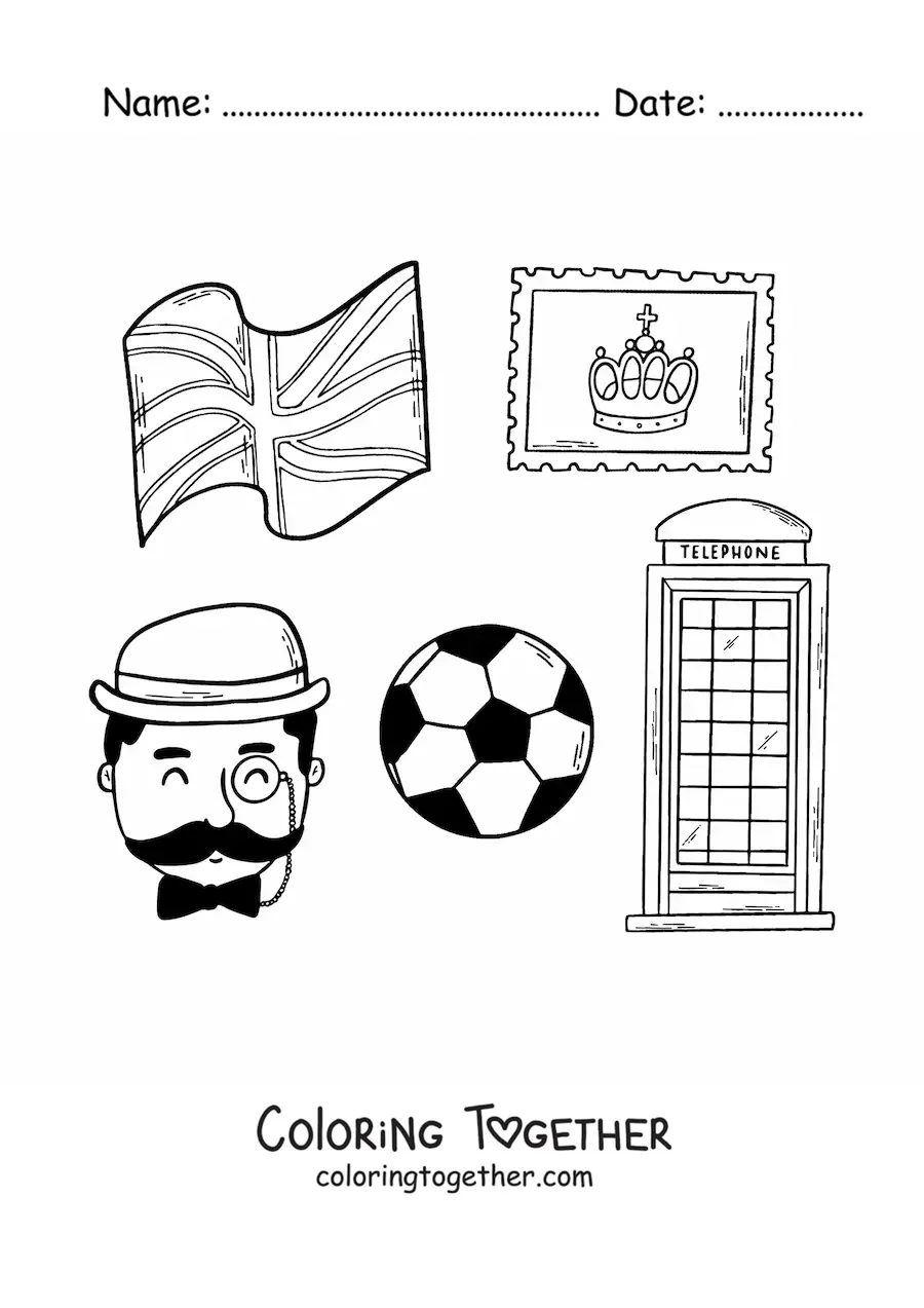 Coloring page of elements of English culture and the flag of the United Kingdom