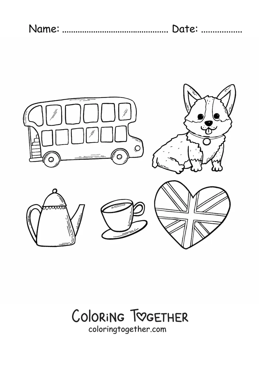 Coloring page of a bus and elements of British culture