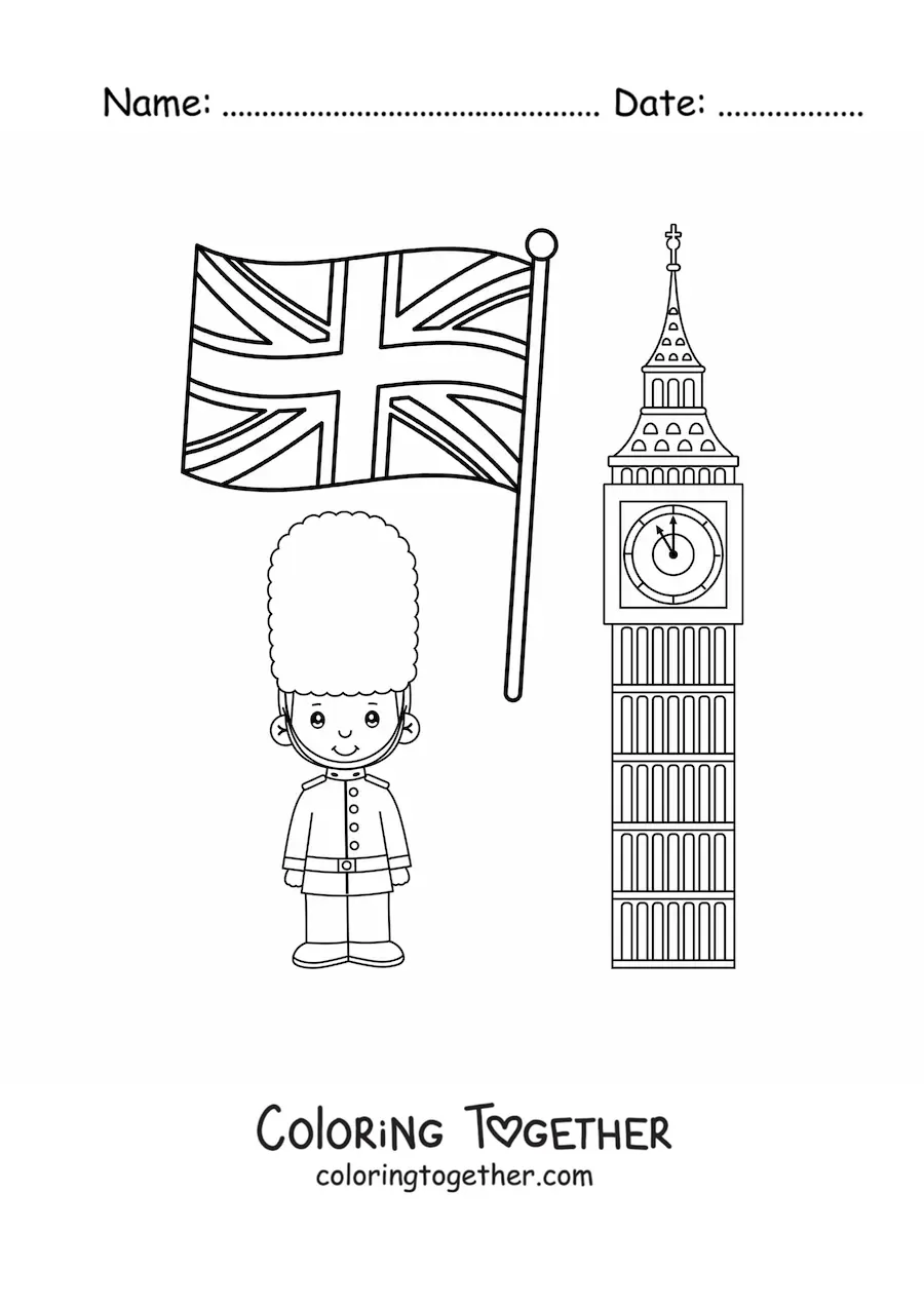 Coloring page of a royal guard boy with the flag of the United Kingdom and Big Ben