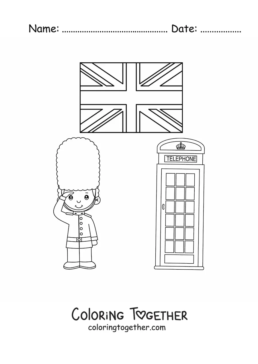 Coloring page of a cartoon royal guard with the flag of the United Kingdom and a telephone booth