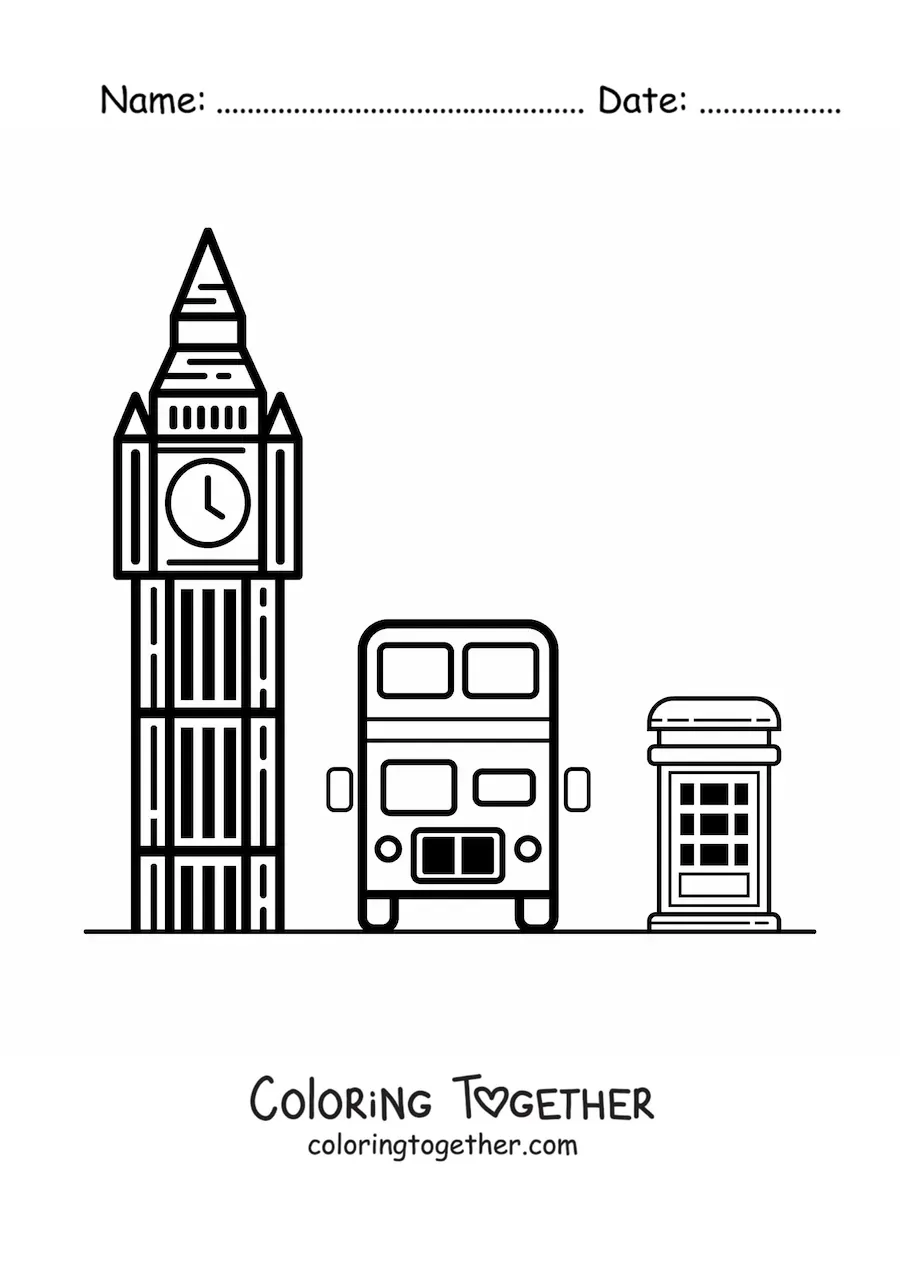 Coloring page of Big Ben with a London bus and telephone booth
